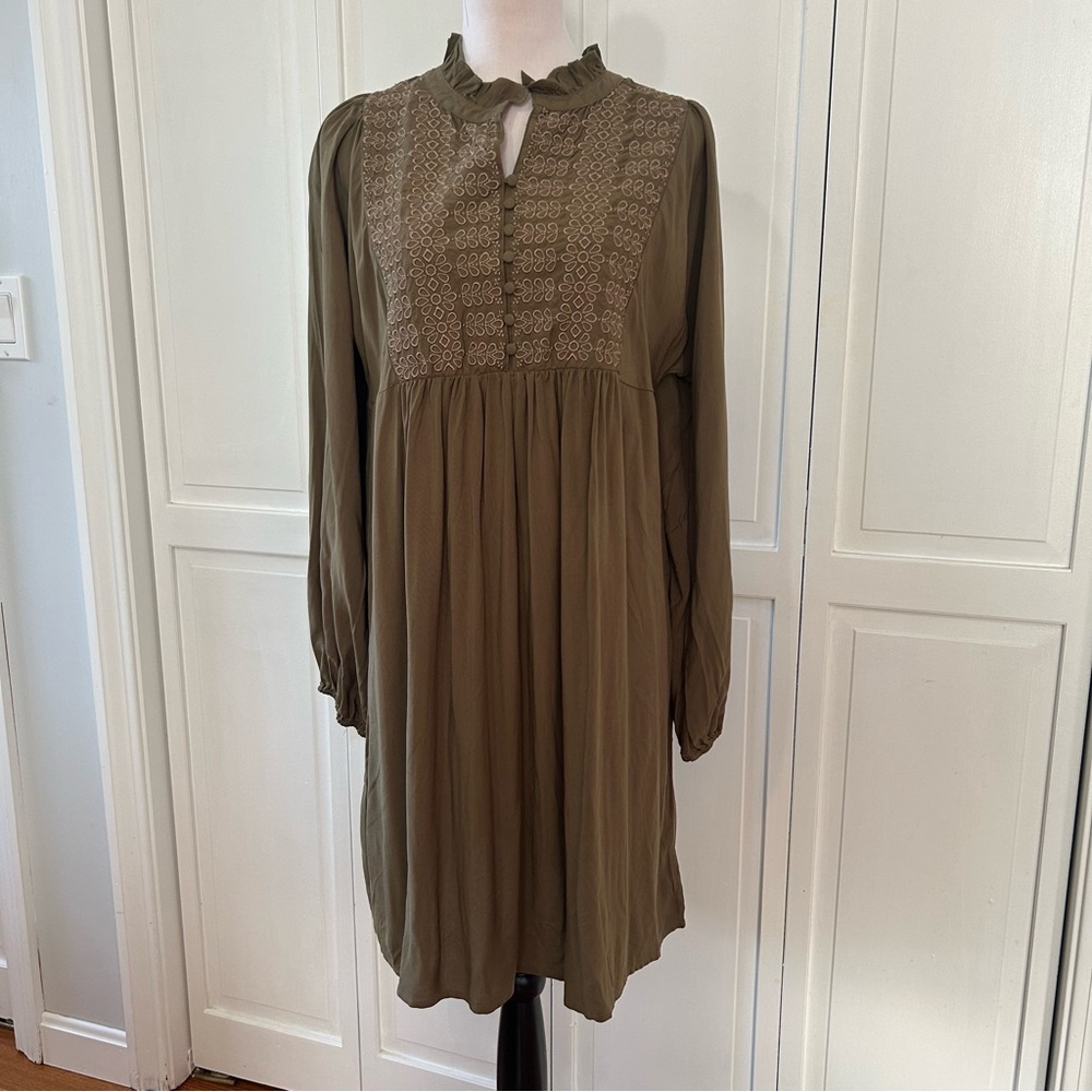 Laurel Grey olive green embroidered dress S NWT